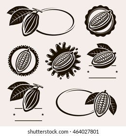 Cacao beans label and icons set. Vector