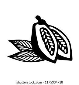 Cacao beans with leaves on white background. Flat design style. Vector illustration