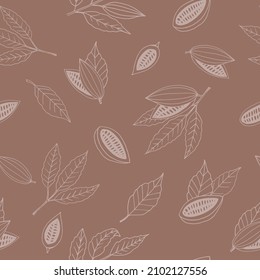 frijoles de cacao y hojas sin fisuras en el estilo dibujado a mano