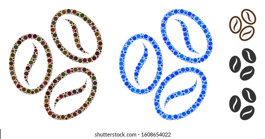 Cacao beans mosaic of round dots in different sizes and color tints, based on cacao beans icon. Vector small circles are grouped into blue mosaic. Dotted cacao beans icon in usual and blue versions.