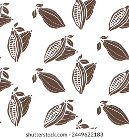 Cacao beans pattern vector illustration. Cocoa hand drawn doodle texture. Chocolate bean sketch background. Cacao plant part, cacao leaves. Design for cafe chocolate dessert, shop menu, chocolate bar