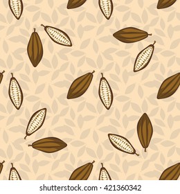 Cacao beans seamless pattern. Chocolate background. Organic raw cacao beans beige pattern.