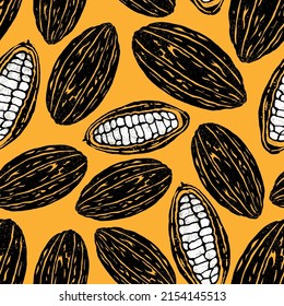 El cacao es un patrón sin fisuras. Fondo amarillo vintage de frutos de cacao. Ilustración vintage texturizada.