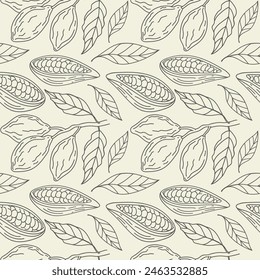 Cacao beans seamless pattern hand drawn vector illustration. Repeating background with cacao plant, flower, leaf, bean. Chocolate ingredient, sweet dessert, oil, aroma. Sketch for print, label, card