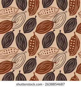 Cacao beans seamless pattern hand drawn vector illustration. Repeating brown background with cacao plant, flower, bean. Chocolate ingredient, sweet dessert, oil, aroma Rapport for label, card, textile