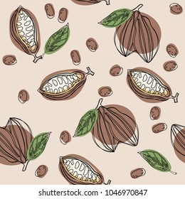 Cacao beans and cacao tree leafs. Seamless hand drawn pattern. Continuous line hand drawn vector illustration. 