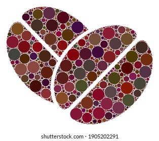 Cacao beans vector collage of round dots in different sizes and color tints. Dots are combined into cacao beans vector illustration. Abstract vector illustration.