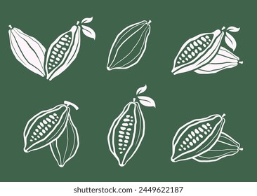 Cacao beans vector illustration set. Cocoa hand drawn doodle. Chocolate bean sketch. Cacao plant part, cacao leaves. Design for cafe chocolate dessert, shop menu, chocolate bar label, logo.