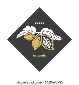 Cacao branch. Vector symbol. Chocolate tree, branch, leaves, bean, grain. Organic sweet, bio drink, vegan fruit, bio food Shape nature emblem Golden illustration for card, cover, packing, print, stamp