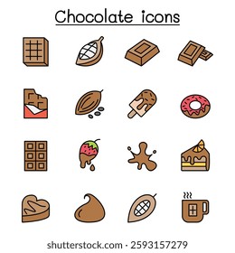 Cacao, Chocolate, Cocoa icon set in color line style