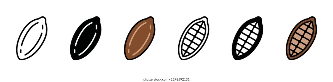 Cacao and Chocolate icons vector set in line, flat, and color style. Cacao bean or fruit symbol. Vector illustration