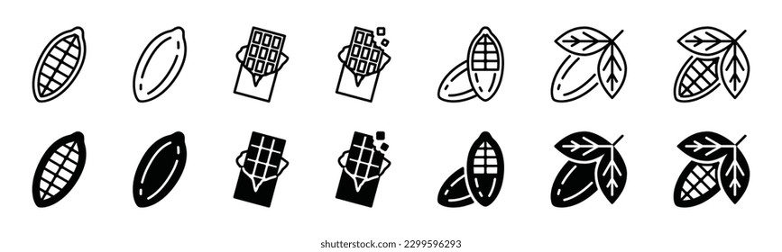 Cacao and Chocolate icons vector set in line and flat style. Cacao bean or fruit symbol. Vector illustration