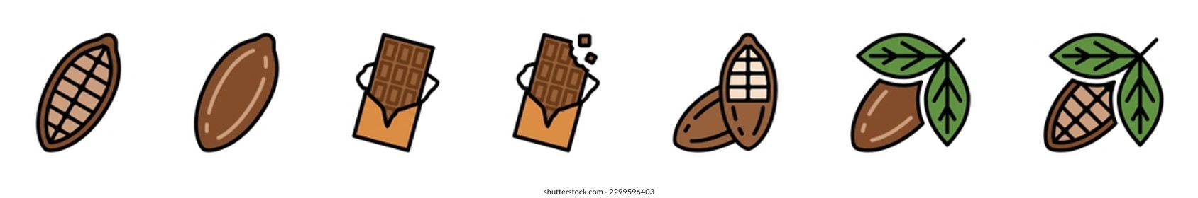 Cacao and Chocolate icons vector set in color style. Cacao bean or fruit symbol. Vector illustration