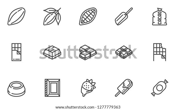 Cacao and Chocolate Vector Line Icons Set. Cocoa\
Pod, Cocoa Beans, Chocolate Bar, Chocolate Icing. Editable Stroke.\
48x48 Pixel Perfect.