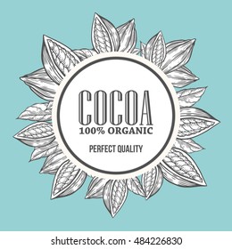 Cacao, cocoa Hand hand drawn wreath botany vector illustration. Cacao Decorative doodle of healthy nutrient food. Cocoa engraving sketch etch line. Black on turquoise background.