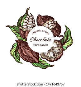 Cacao color label. Vector illustration, nature design on white background. Tropical fruit, bean, leaves. Natural chocolate food. Hand drawn sketch. Realistic symbol in circle
