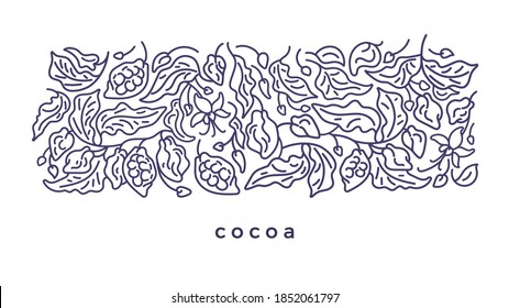 Cacao design. Art line pattern. Vector abstract plant, simply leaves, flower, grain. Graphic floral illustration on white background. Organic dark chocolate