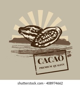 Cacao design. Original template with cacao. Grunge cacao beans background with hand drawn elements.