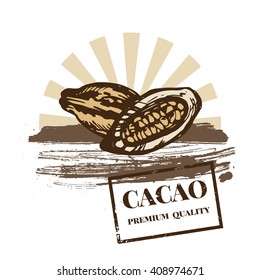 Cacao design. Original template with cacao. Grunge cacao beans background with hand drawn elements.
