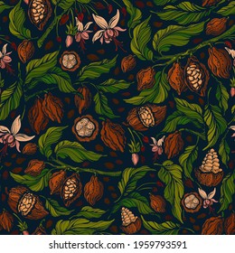 Cacao exotic seamless pattern. Vector green plant, tropical fruit, aroma bean, flower in bloom. Decorative colorful background for textile, wallpaper. Fresh foliage