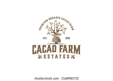 Diseño del logo del cacao de la granja Cacao fruto de árbol orgánico con silueta de hoja