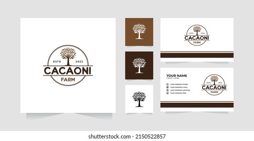 Diseño de la ilustración del logotipo de la granja de cacao y tarjeta de visita