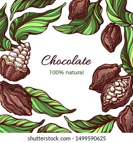 Cacao frame. Vector template. Nature design on white background. Tropical fruit, bean, leaf. Natural tropical harvest. Hand drawn color illustration. Realistic summer border
