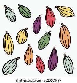 doodle de frutas de cacao dibujando sobre fondo blanco. ilustración vectorial.