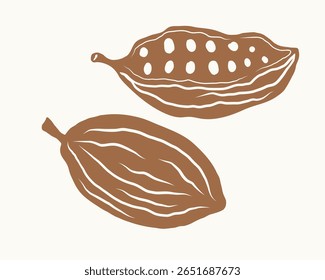 Cacao fruits sketch doodle. Hand drawn silhouette cocoa beans, exotic plant on isolated background. Chocolate ingredient food, drink. Design for card, logo, label, print, template. Vector illustration