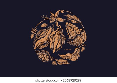 Cacao fruits texture linocut. Dark chocolate. Vector branch, aroma raw bean, farm harvest. Decorative symbol for cafe, sweet shop. Vintage golden illustration in form of circle