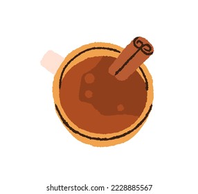 Cacao, hot chocolate drink served with cinnamon stick. Sweet spicy aromatic beverage in cup. Warming spiced cocoa in mug for winter holiday. Flat vector illustration isolated on white background