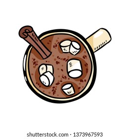 Cacao hot chocolate with marshmallow cute image. Hand drawn cartoon style cozy clip art