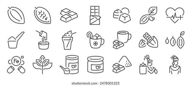 Cacao icon set. It includes cocoa, chocolate, dessert, drinks, recipes, and more icons. Editable Vector Stroke.