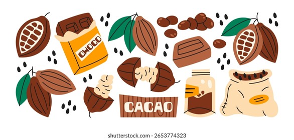 Cacau ingredientes em estilo de desenho animado retro. Conjunto de chocolate: grãos de cacau, vagem, pó, bar. Componentes naturais de sobremesa, ilustração em funky, estilo doodle, elegante conjunto de adesivos.