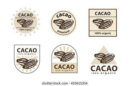 Cacao logo. Cacao bean sign. Cacao icon. Cacao label. Set of cacao logos.