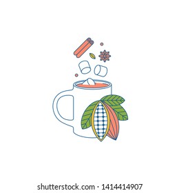 Cacao mug with spice and marshmallows. Flat graphic. Cafe design template. Vector illustration