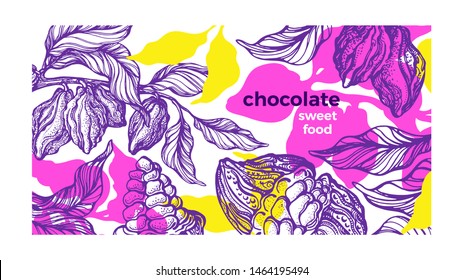 Cacao paint template. Tropical background, color jungle. Vector nature art sketch, organic design. Natural chocolate food, aroma cocoa drink. Fresh harvest. Hand drawn paradise card
