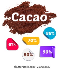 Cacao Percentage Set. Realistic Isolated Cocoa Powder and Colorful Labels with Percents. Vector Illustration