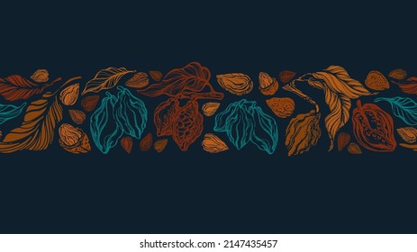 Cacao Plant Border. Vector Seamless Print. Dark Chocolate. Hand Drawn Graphic Of Cocoa Fruit, Texture Leaves, Nuts. Art Abstract Illustration