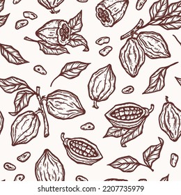 Cacao Pods. Cocoa Beans and Leaves Seamless Pattern. Vector Fruits. Floral Background. Great for Packaging design of Chocolate or cocoa powder.