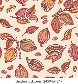 Cacao Pods. Cocoa Beans and Leaves Seamless Pattern. Tropical Fruits. Floral Background. Great for Packaging design of Chocolate or cocoa powder. Handmade. Hand drawing. Not AI. Vector illustration