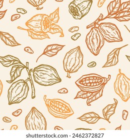 Cacao Pods. Outline Cocoa Beans and Leaves Seamless Floral Pattern. Tropical Fruits. Great for Packaging design of Chocolate or cocoa powder. Handmade. Hand drawing. Not AI. Vector illustration