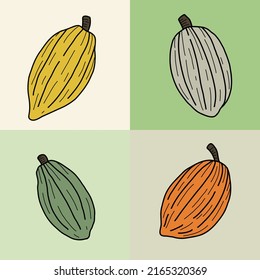 Cacao pods que es ingrediente crudo para dibujar a mano alzada con chocolate. Ilustración vectorial.