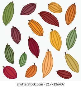 Cacao pods que es ingrediente crudo para dibujar a mano alzada con chocolate. Ilustración vectorial.