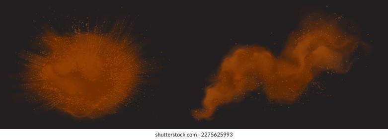 Cacao powder or coffee explosion splash isolated vector on dark background. Brown cinnamon burst on dark background. Dirt ground blast effect with flying grain particle. Splatter design illustration.