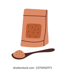 Cacao powder icon, vector doodle illustration of package with cocoa powder, product for making chocolate, spoon with powder, baking dessert ingredient, dark chocolate recipe, isolated colored clipart