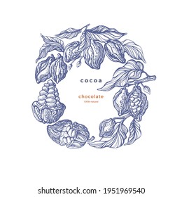 Produit Cacao. Chocolat organique, poudre d'arôme, beurre naturel. Image vectorielle haricot dessiné à la main, branche, feuilles en cercle. Illustration botanique d'art isolée sur fond blanc. Dessin gravé vintage
