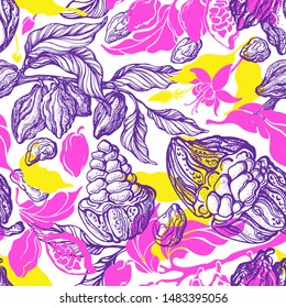 Cacao seamless pattern. Tropical background, color jungle. Vector nature art sketch, organic design. Natural chocolate food. Hand drawn paradise print
