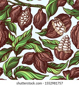 Cacao seamless pattern. Vector hand drawn botanical branch, bean, tropical fruit, green leaf. Natural chocolate. Organic sweet food, graphic art sketch. Cocoa vintage package. Nature background