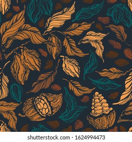 Cacao seamless pattern. Vector hand drawn botanical branch, bean, tropical fruit, green leaf, retro golden forest. Graphic art print. Cocoa vintage package. Nature antique background
